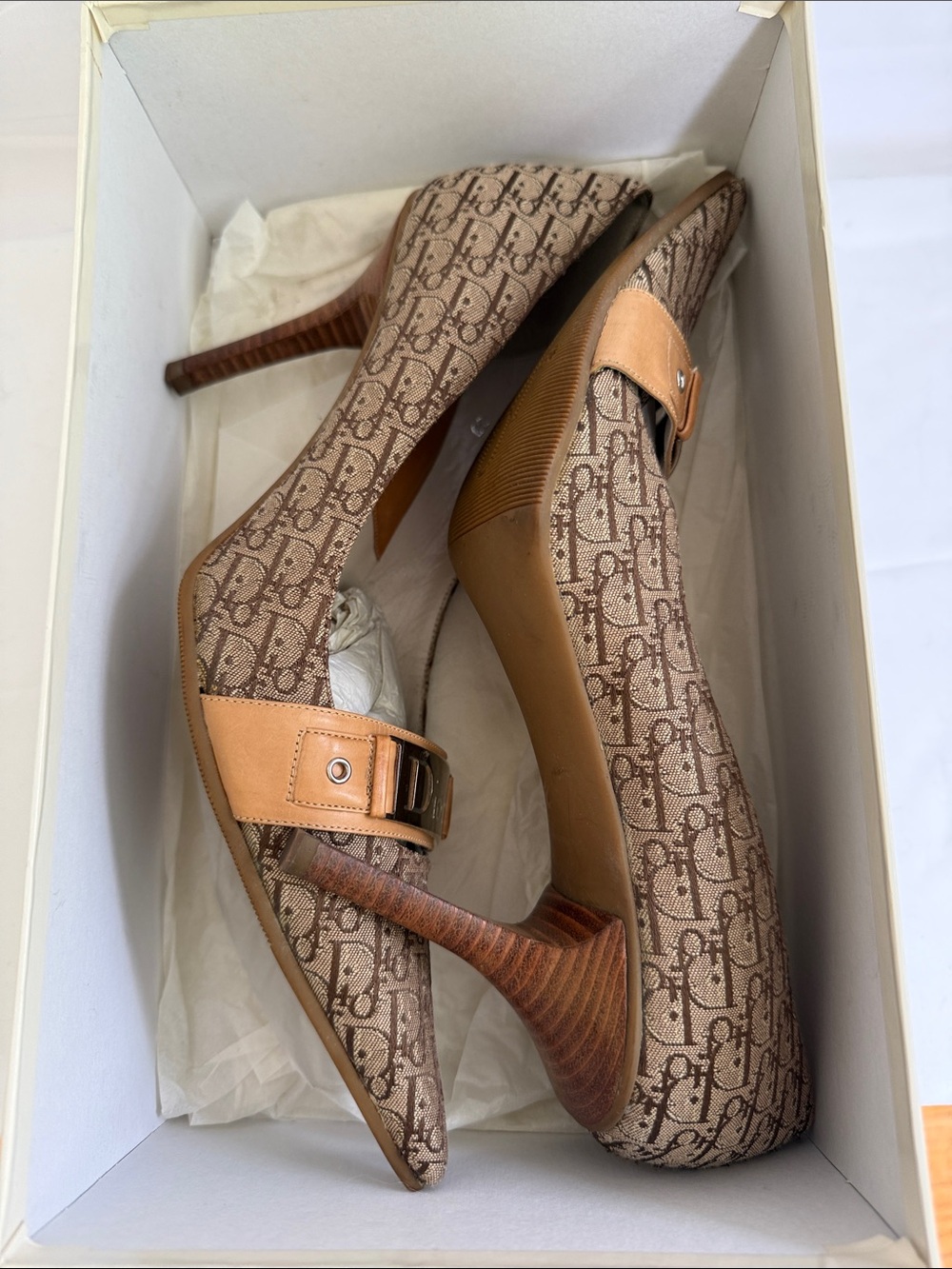 Dior Brown Monogram Pointed-Toe Pumps with Tan Strap - Picture 4 of 4